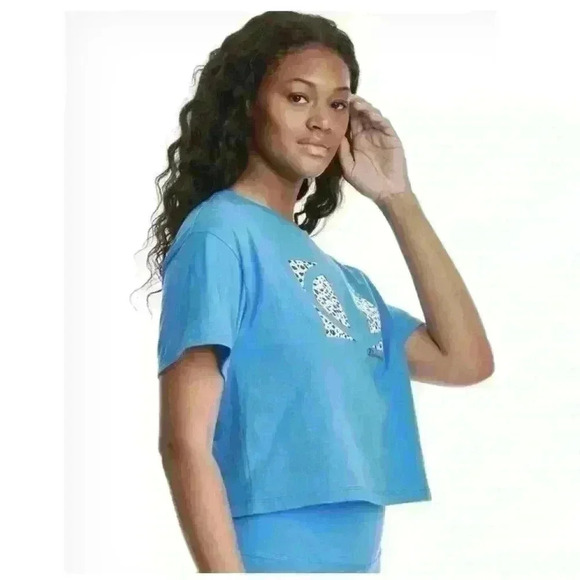 Champion Womens Cropped Graphic-Print T-Shirt Balboa Blue Size M-L - Picture 4 of 12